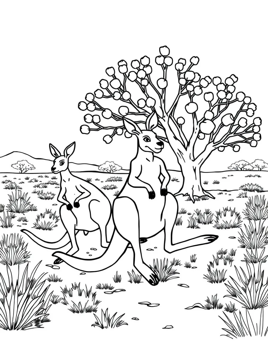 Kangaroos hopping in the Australian outback with eucalyptus trees.