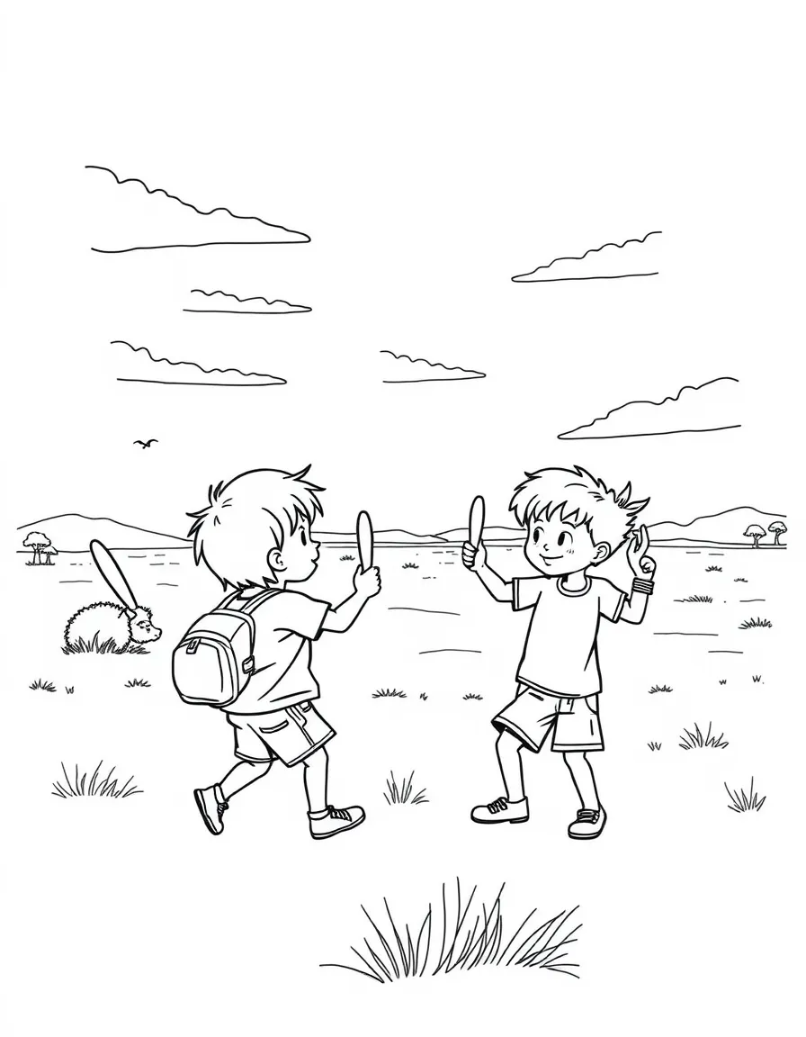 Kids playing with boomerangs in Australia with a wide-open landscape.
