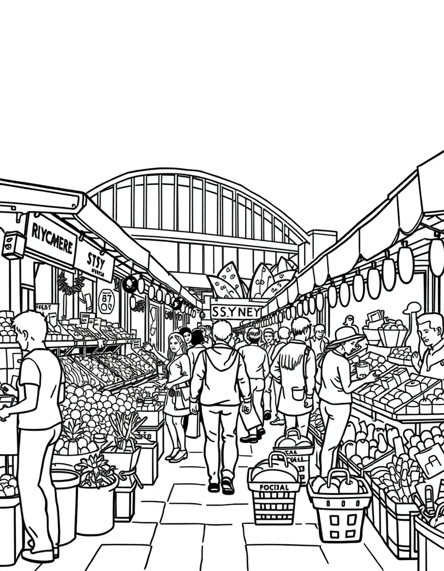 A bustling market in Sydney with fresh produce and happy shoppers.