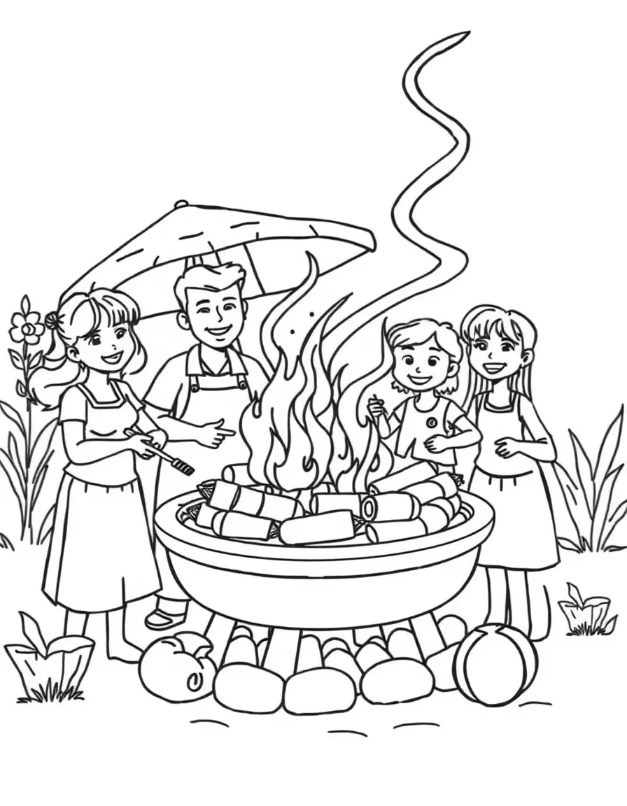 A delicious barbecue in Australia with sizzling sausages and happy families.