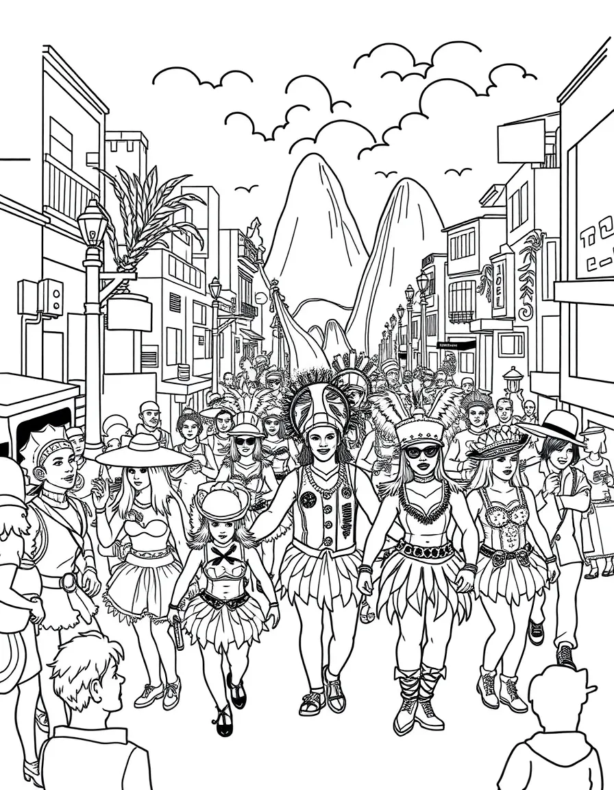 A lively Carnival parade in Rio with colorful costumes, music, and dancing.