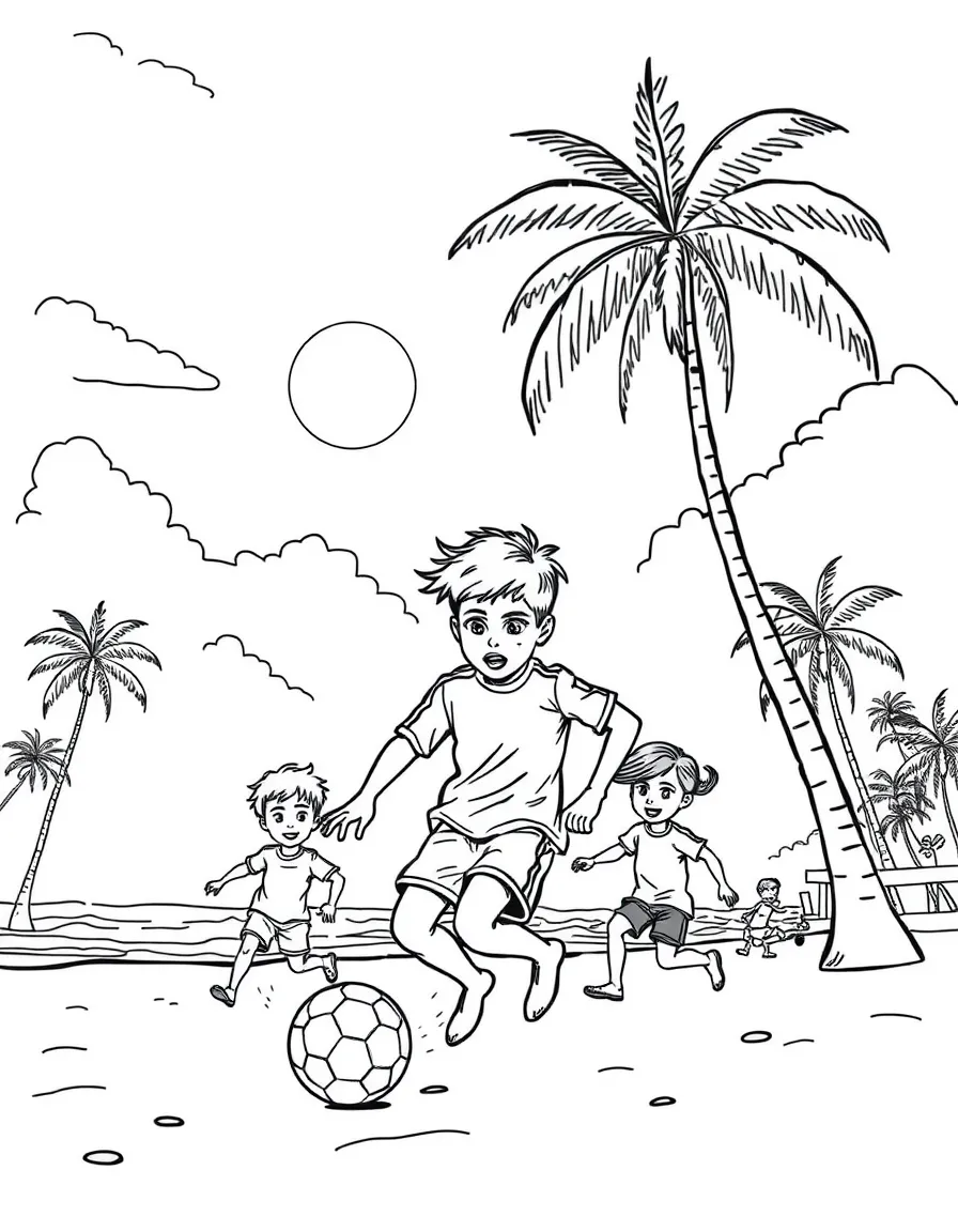 Kids playing soccer on a beach in Rio with palm trees and a sunny sky.