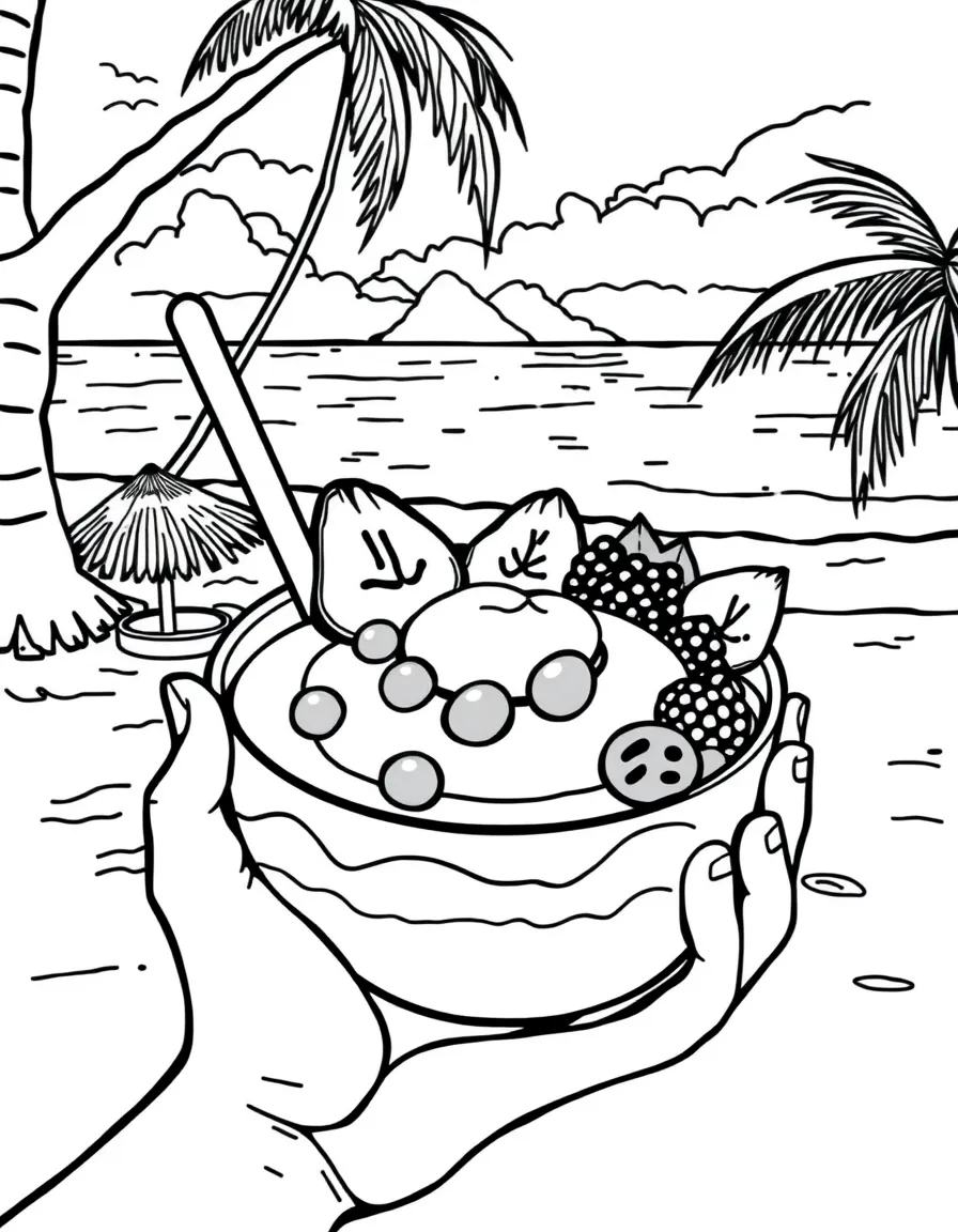 A delicious acai bowl being enjoyed on a beach in Rio.