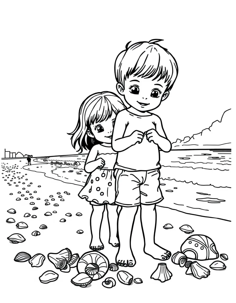 Kids collecting seashells on a beautiful beach in Rio.