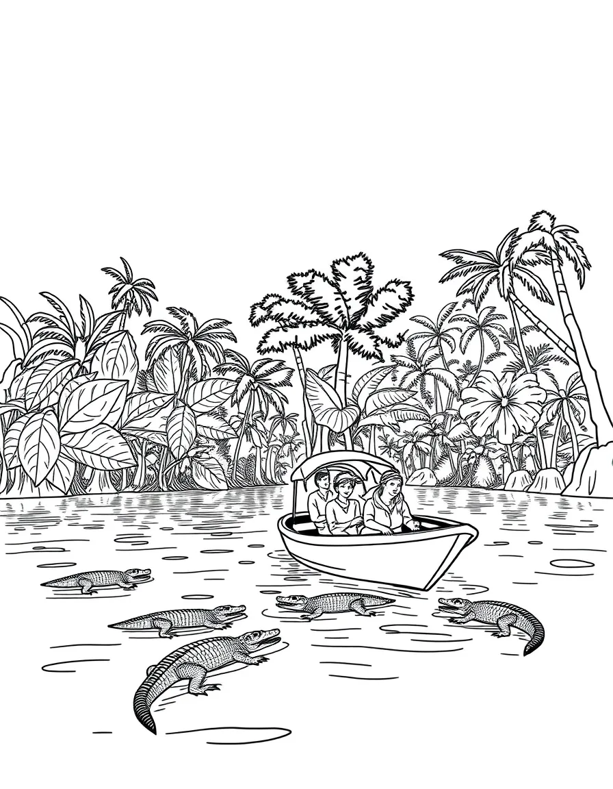 A boat trip down the Amazon River in Brazil with tiny caimans and lush trees.
