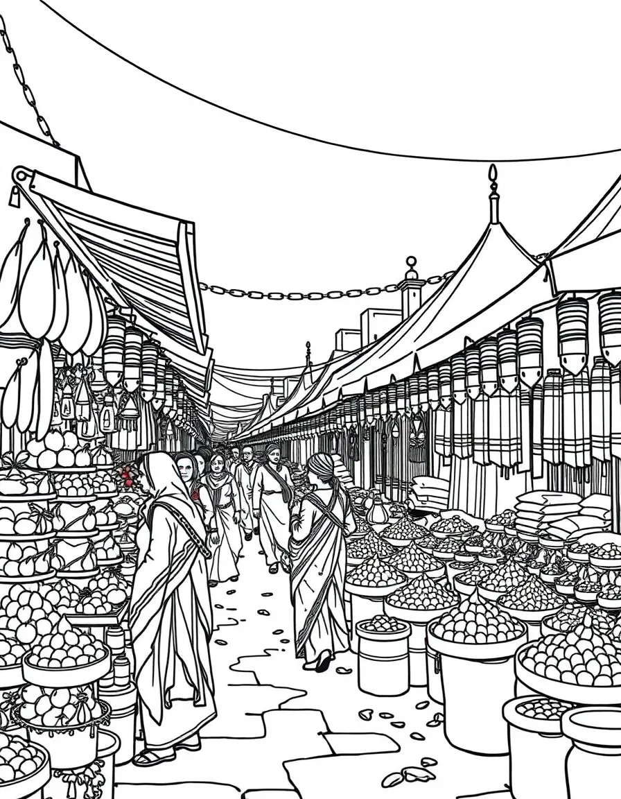 A bustling market in India with spices, fabrics, and happy vendors.