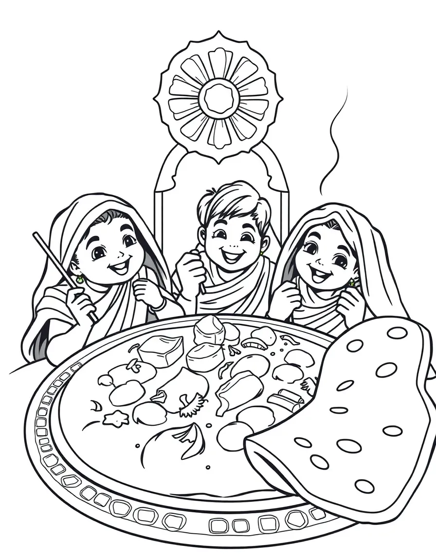 A delicious plate of curry and naan bread in India with happy eaters.
