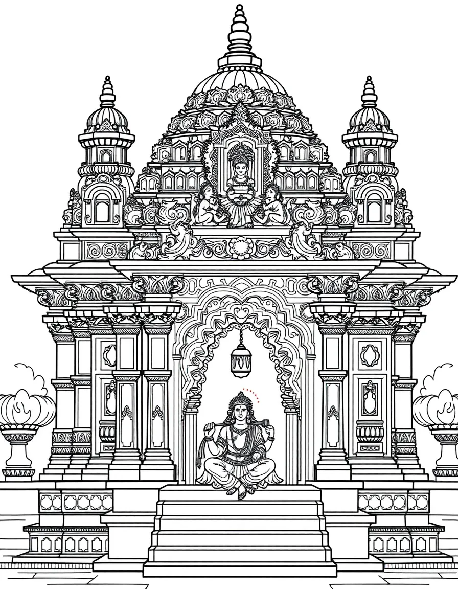 A beautiful Indian temple with intricate carvings and peaceful devotees.