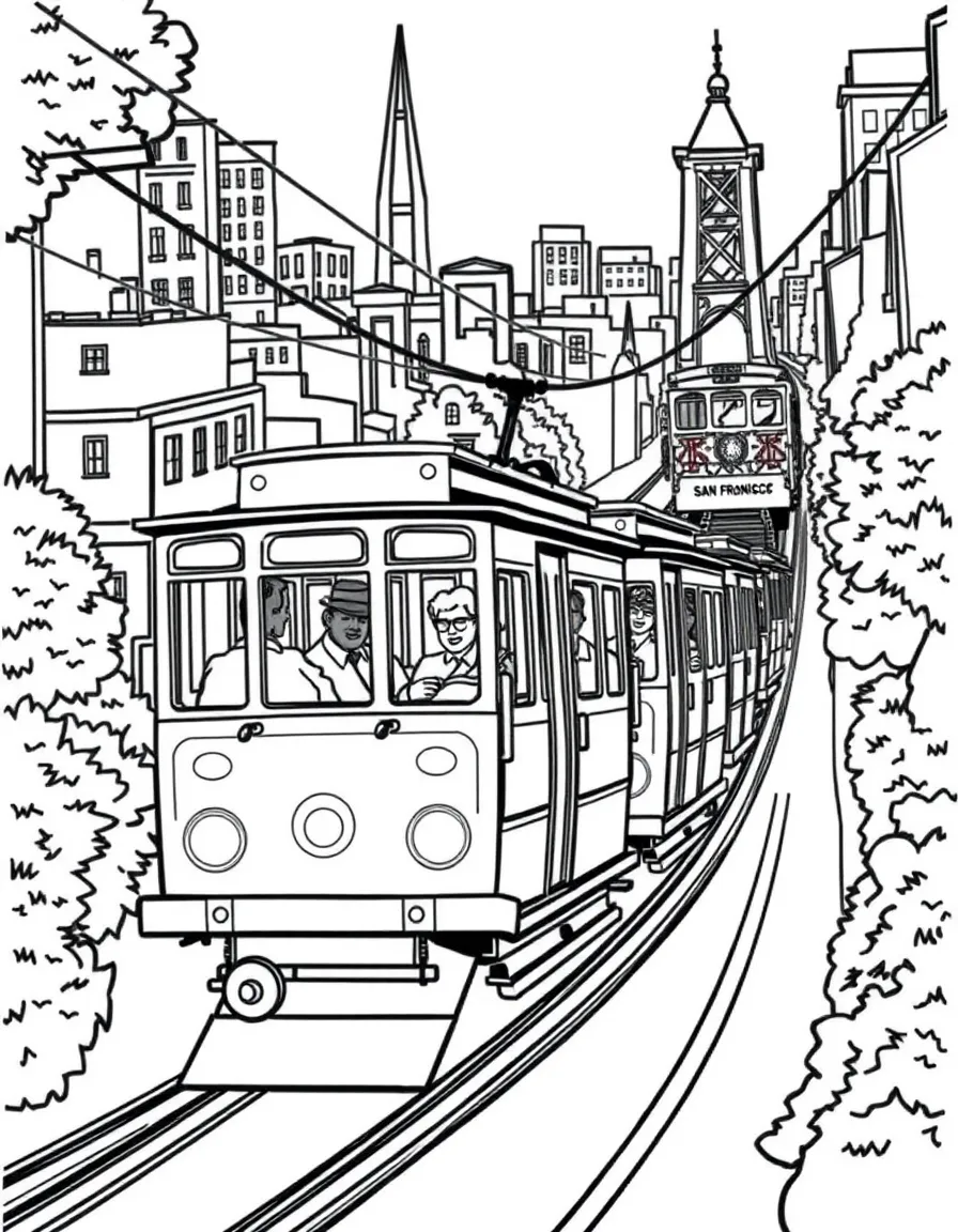 Cable cars climbing up the steep hills of San Francisco with happy passengers.