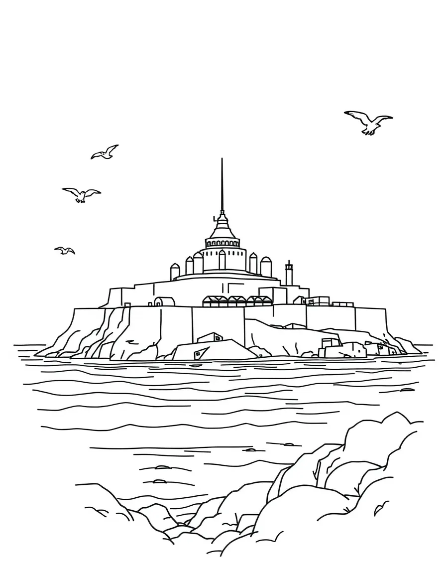 Alcatraz Island in San Francisco with tiny birds flying around.