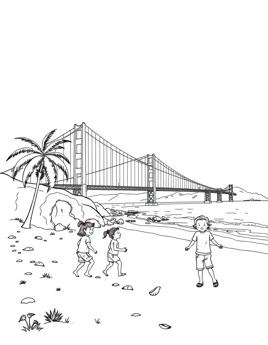 Kids playing on a sunny beach in San Francisco with a view of the Golden Gate Bridge.