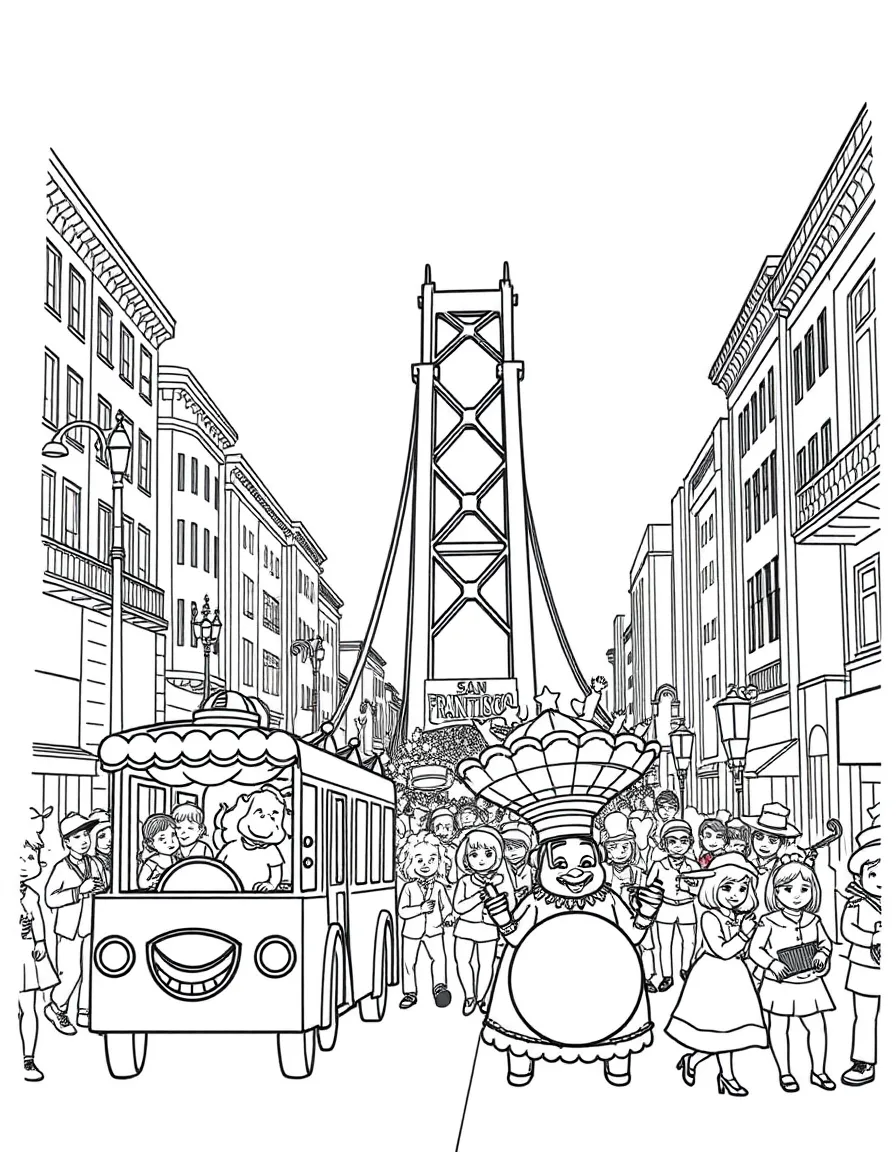 A festive parade in San Francisco with colorful floats and music.