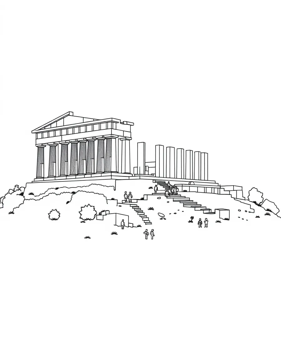 The Acropolis in Athens, Greece, with ancient temples and tiny people exploring.