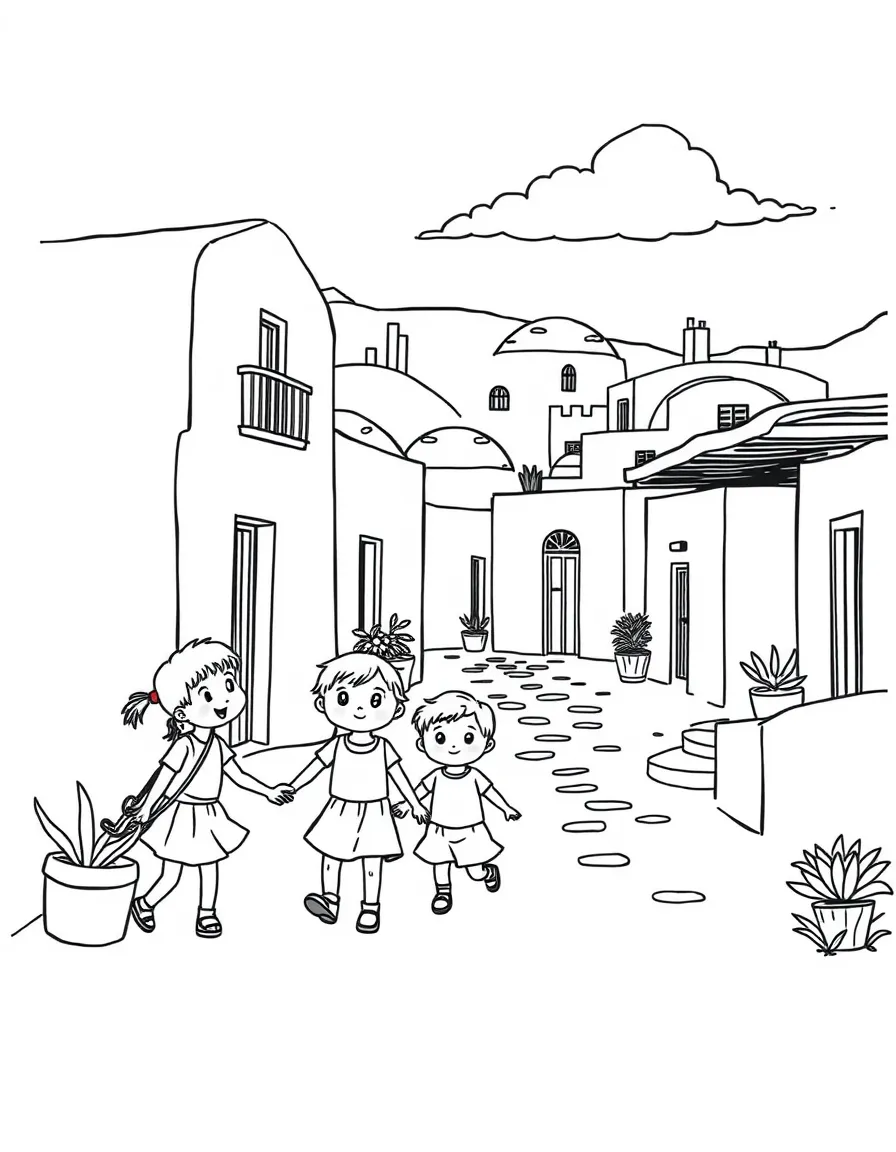 Kids playing in a sunny Greek village with whitewashed houses and blue roofs.
