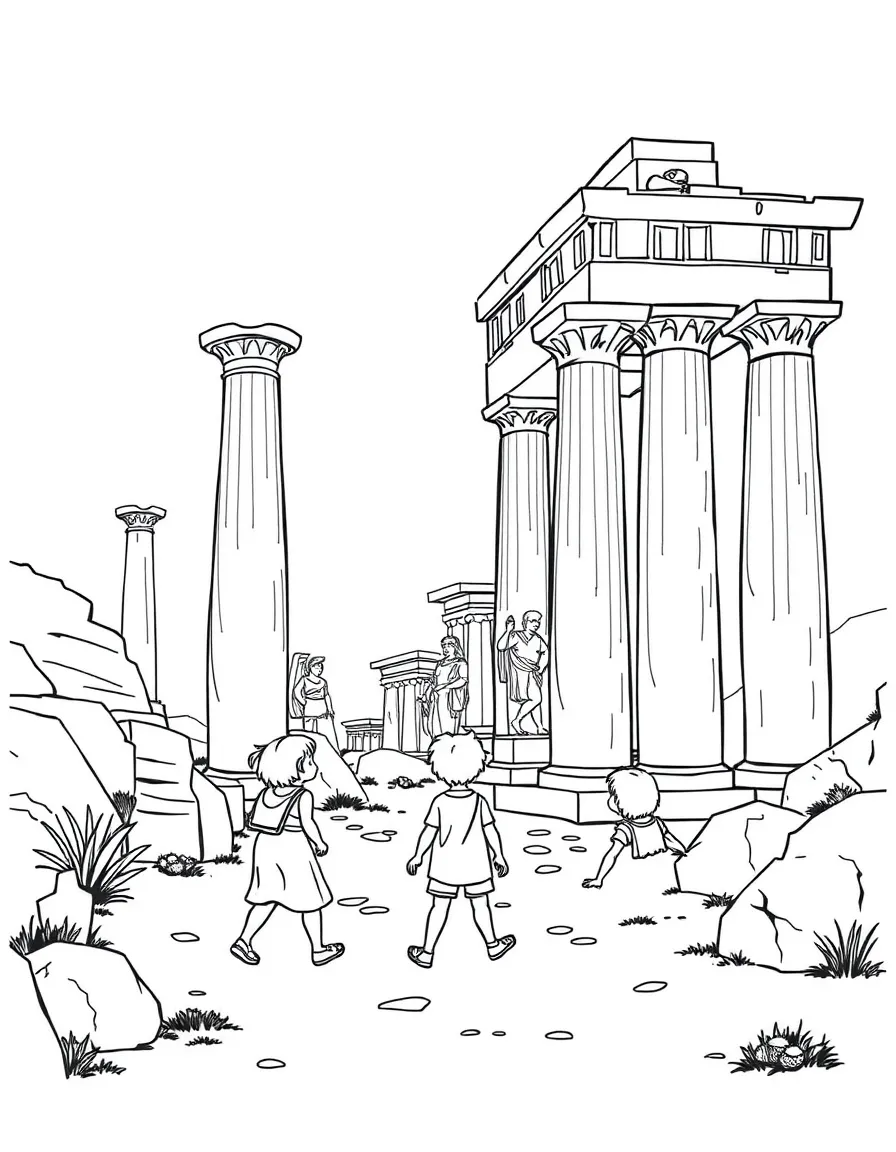 Ancient Greek ruins with columns and statues, being explored by curious children.