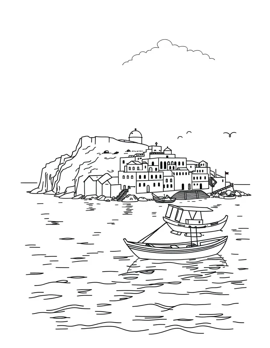 A beautiful Greek island with a turquoise sea and a fishing boat.