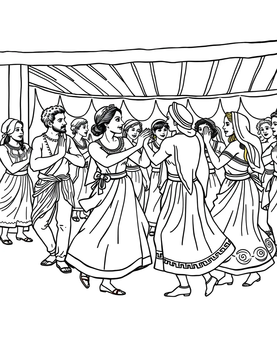 A traditional Greek dance with people in colorful costumes and joyful music.