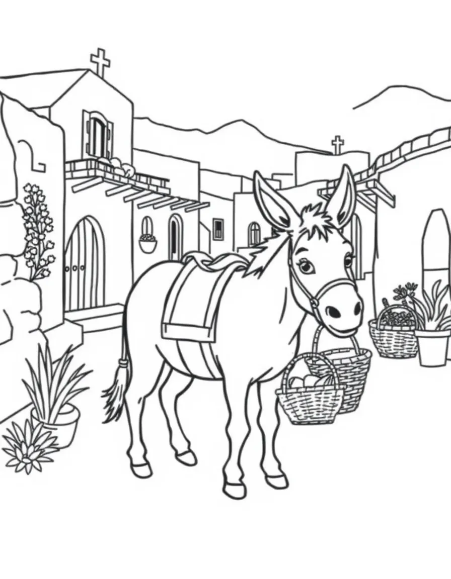 A friendly donkey carrying baskets in a Greek village.
