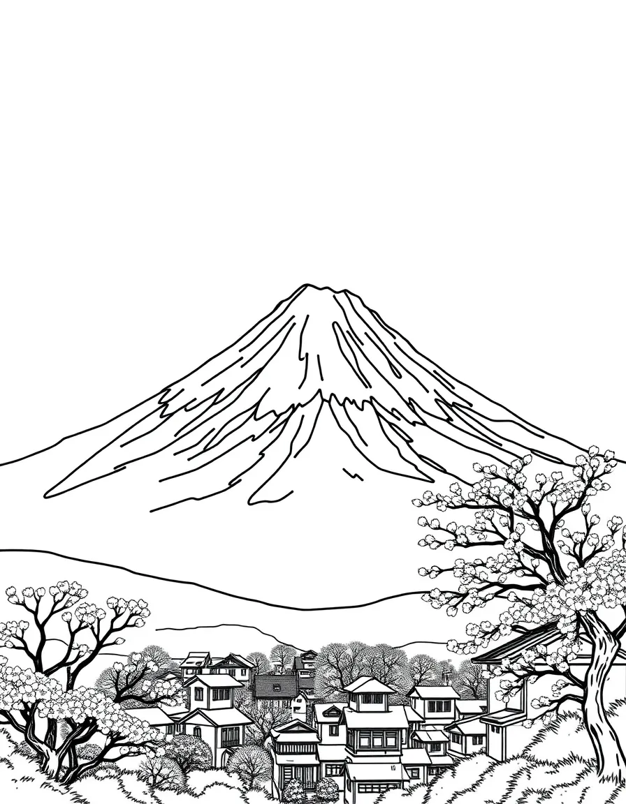 Mount Fuji in Japan with cherry blossoms blooming and a peaceful village below.