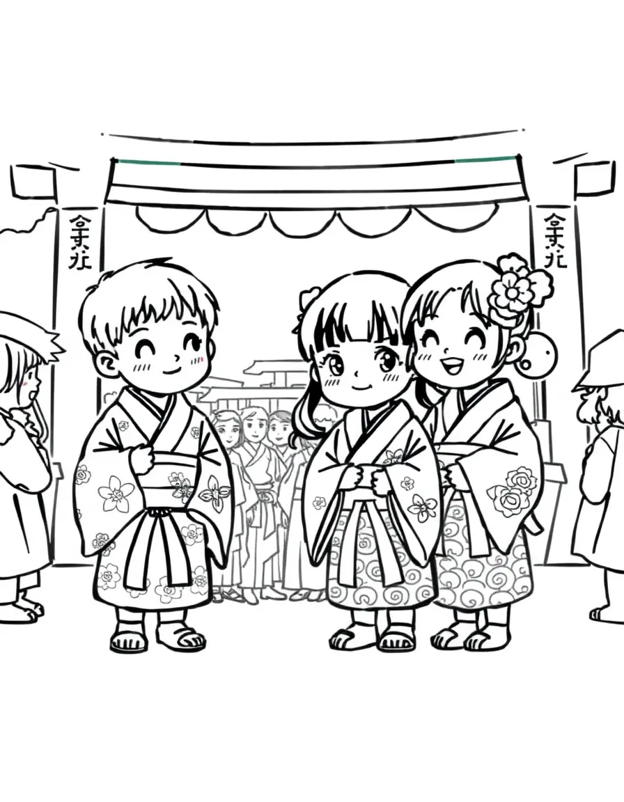 Kids dressed in kimonos at a traditional Japanese festival.