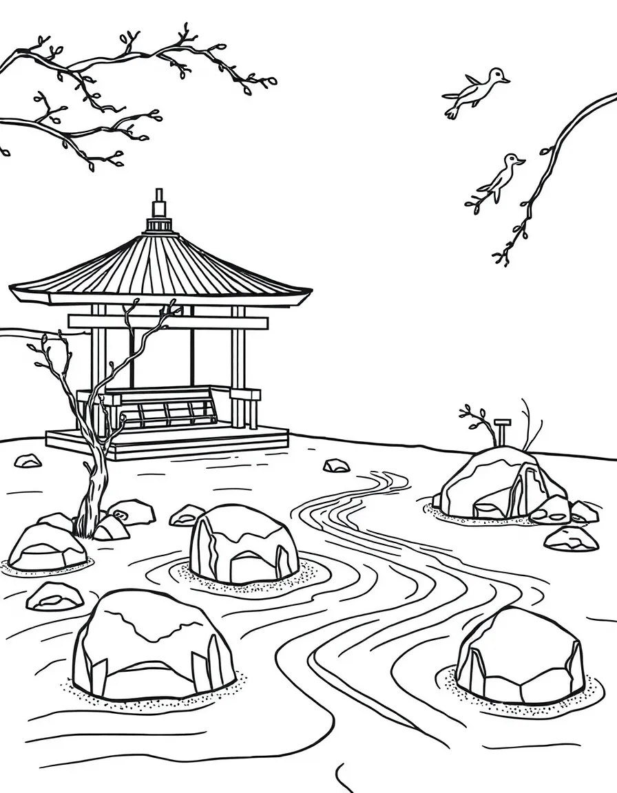 A peaceful Zen garden in Japan with raked sand and rocks.