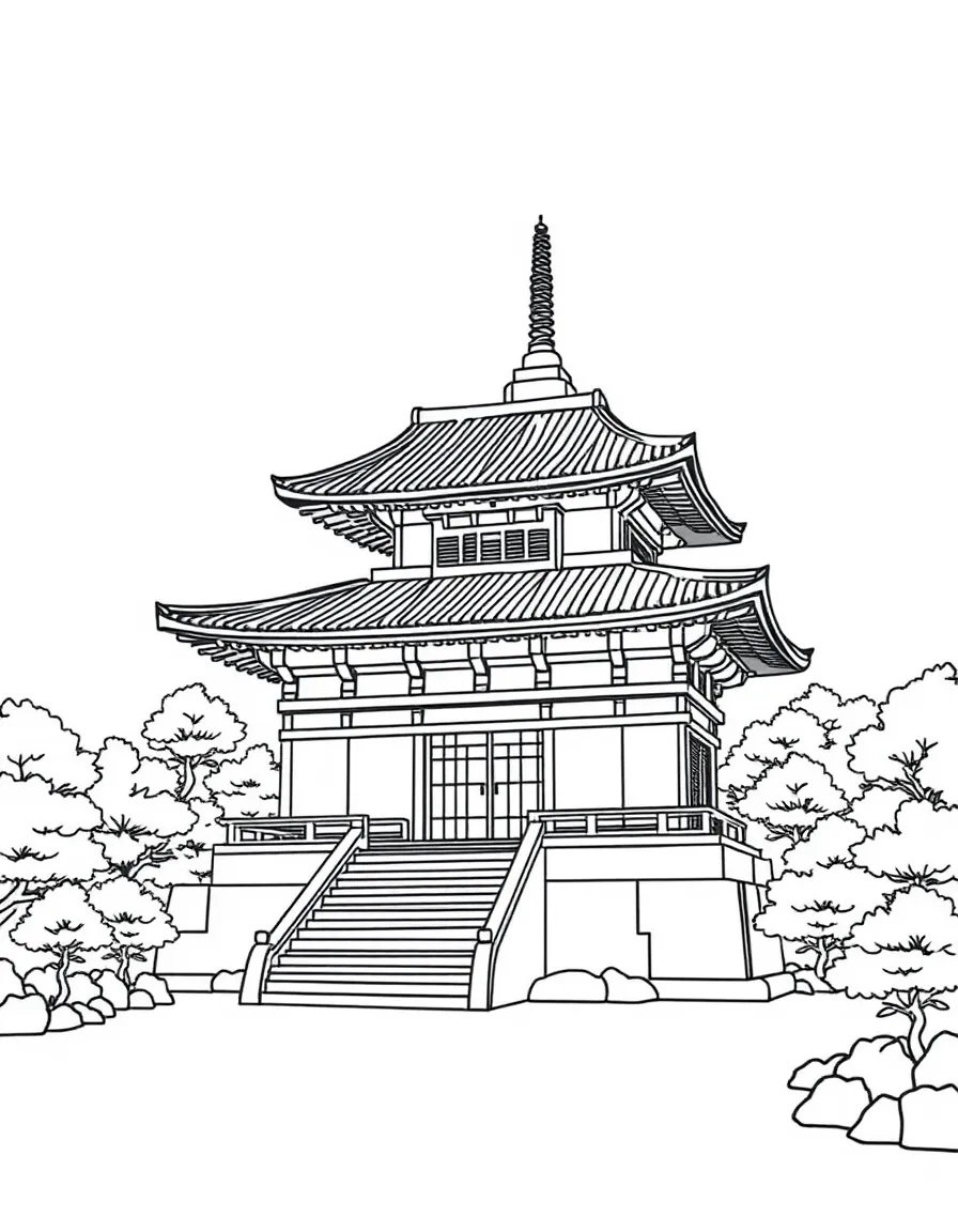 A beautiful Japanese temple with intricate roofs and peaceful surroundings.