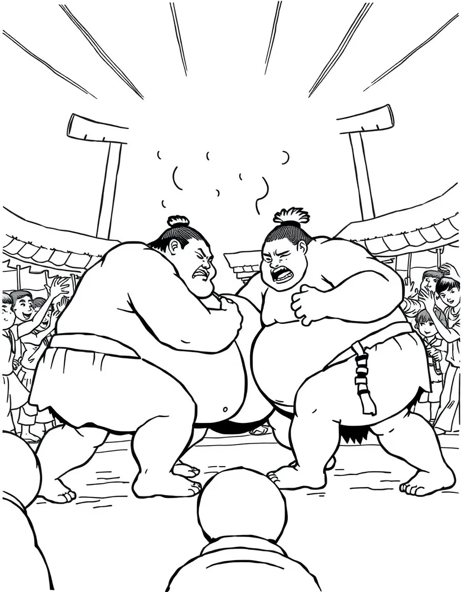 A lively sumo wrestling match in Japan with strong wrestlers.