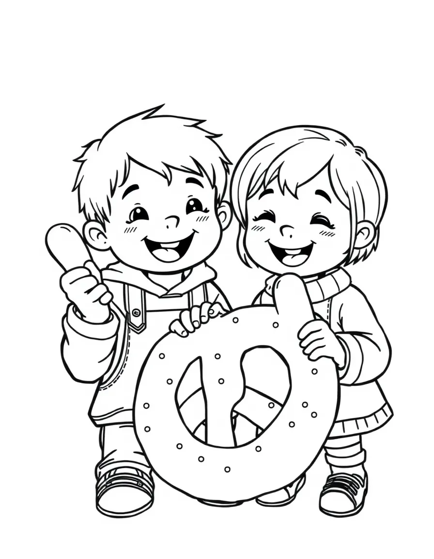 Kids enjoying a delicious German pretzel and bratwurst.