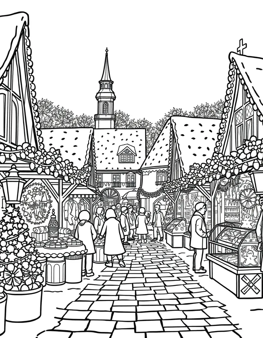 A traditional German Christmas market with twinkling lights and gingerbread.