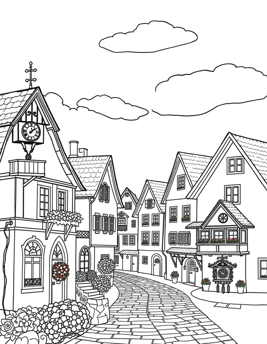 A charming Bavarian village in Germany with colorful houses and cuckoo clocks.