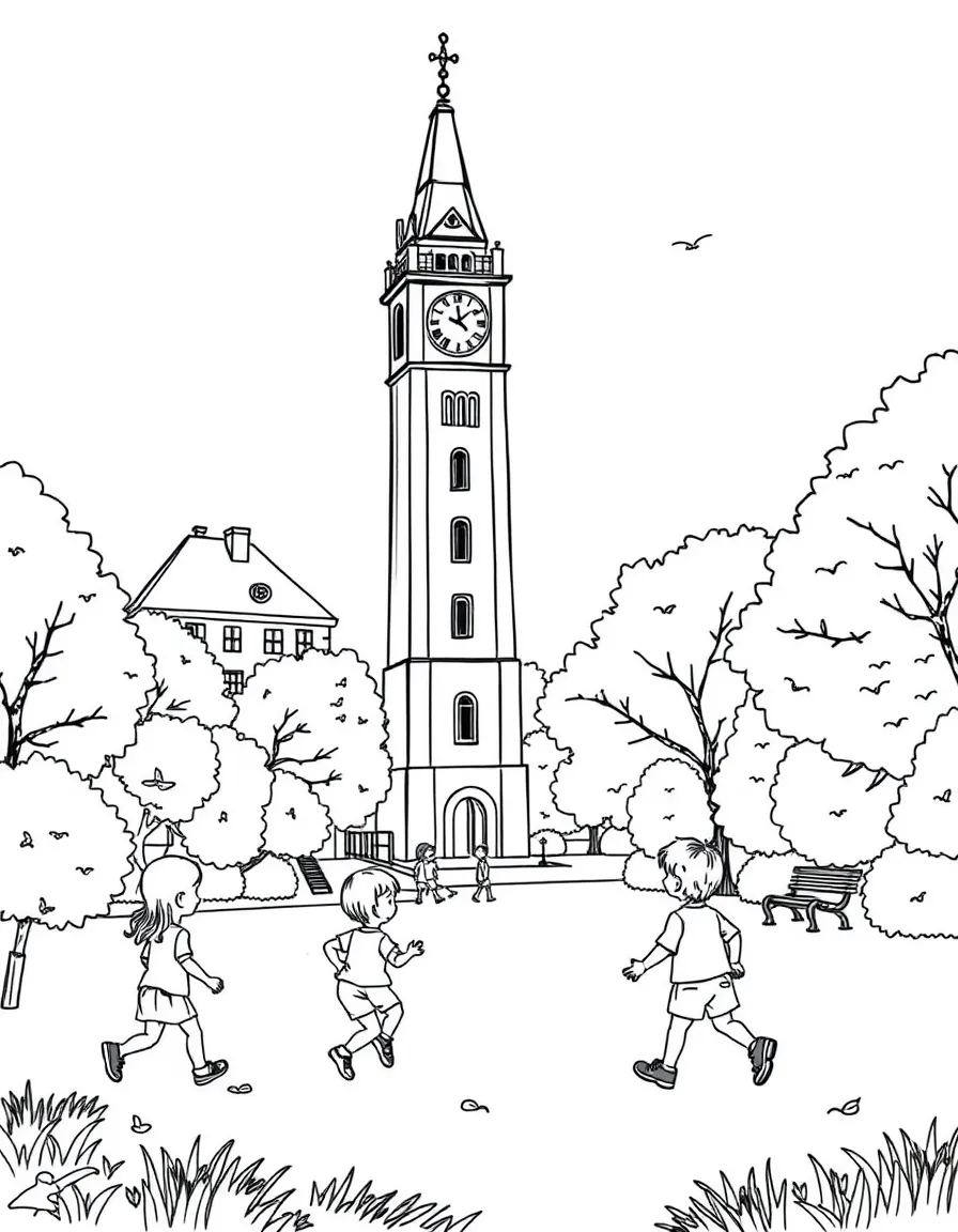 Kids playing in a German park with a tall clock tower.
