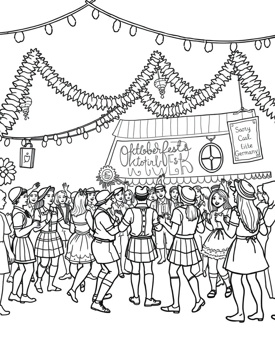 A festive Oktoberfest celebration in Germany with people dancing and singing.