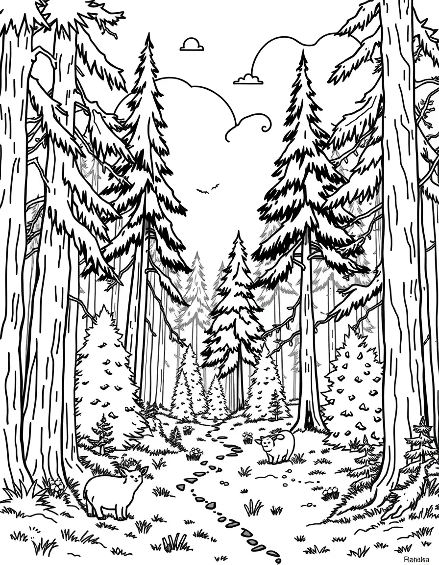 A beautiful German forest with tall trees and playful animals.