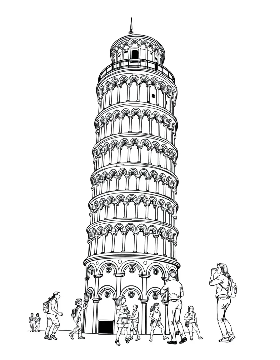 The Leaning Tower of Pisa in Italy with tourists trying to "push" it back up.