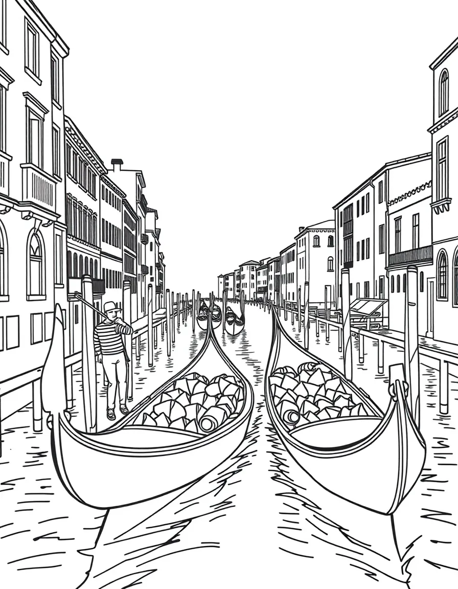 Gondolas floating on the canals of Venice, Italy, with cheerful gondoliers.