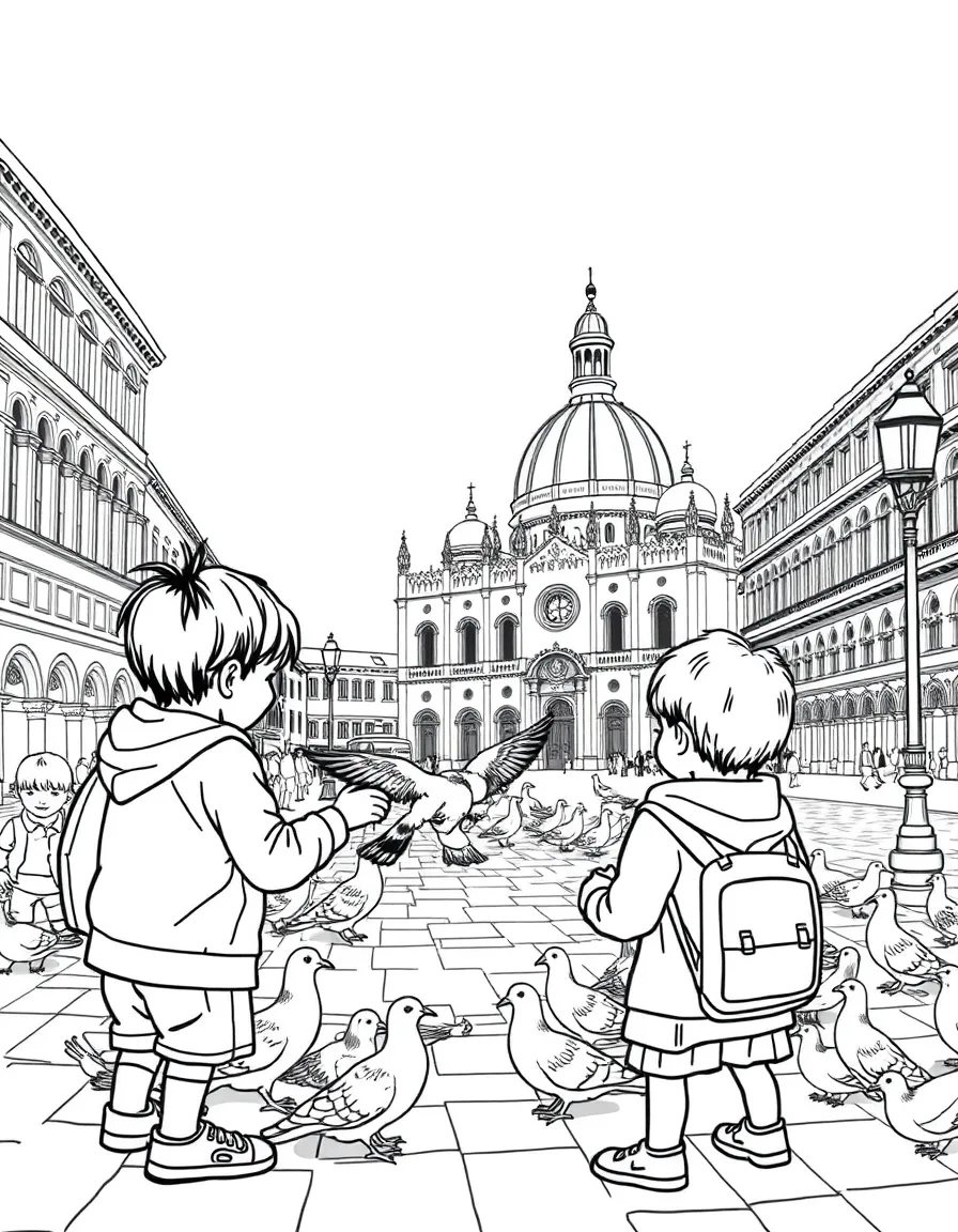 Kids feeding pigeons in St. Mark's Square, Venice, with the basilica in the background.
