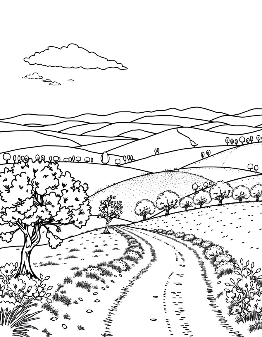 A beautiful Italian countryside with rolling hills and olive trees.