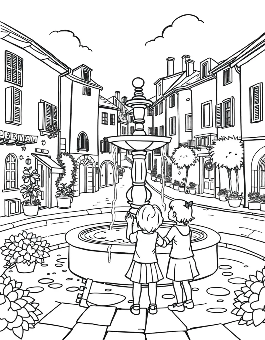 Kids making a wish at a fountain in a charming Italian town.