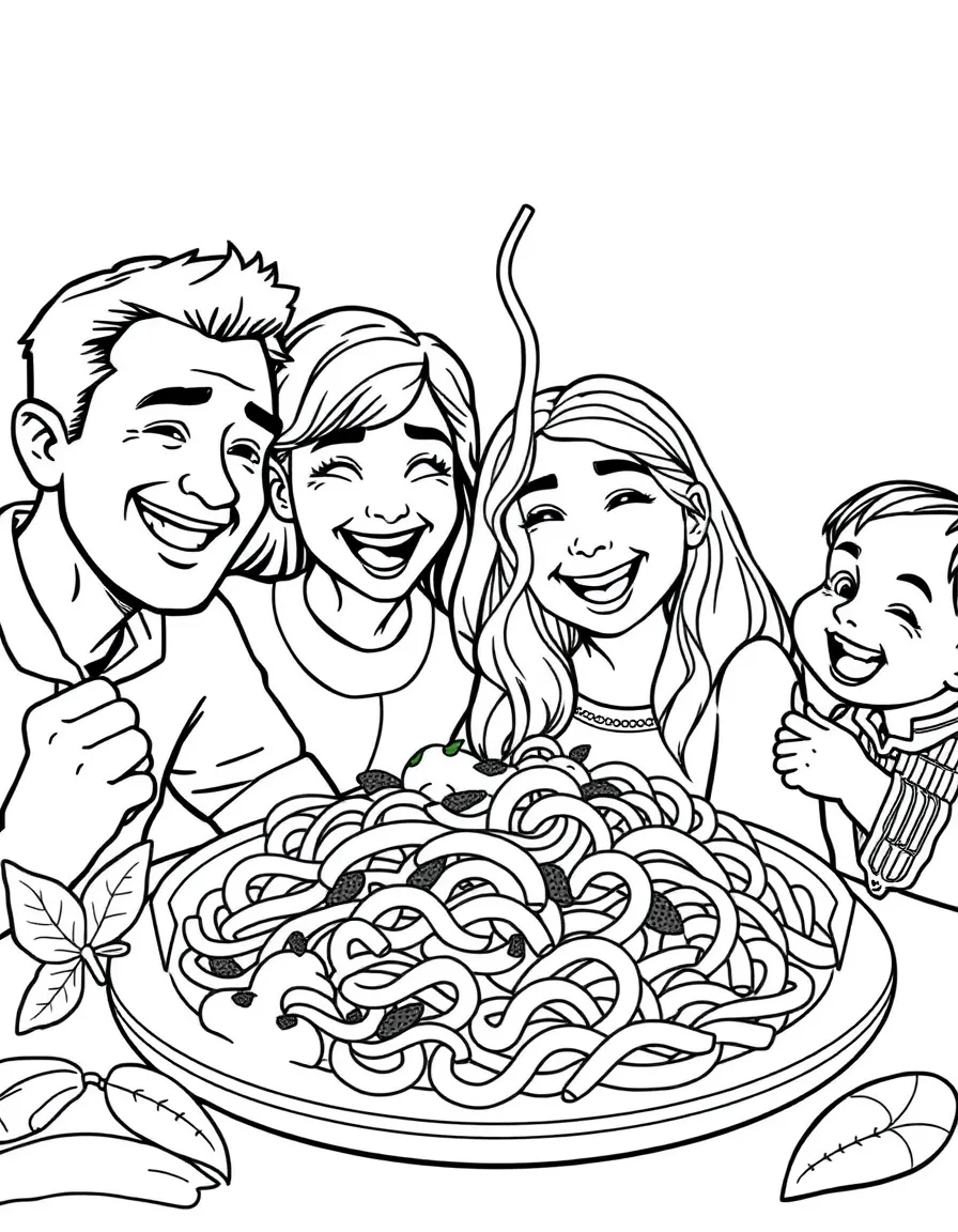 A traditional Italian pasta dish being enjoyed by a happy family.