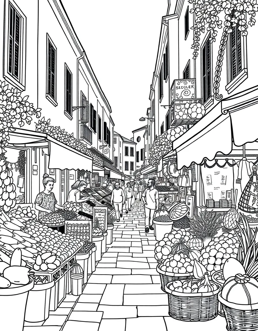 A vibrant street market in Italy with fresh produce and happy vendors.