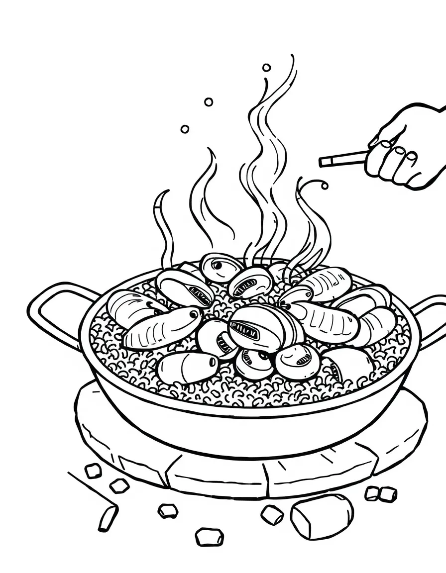A delicious paella being cooked in Spain with seafood and rice.