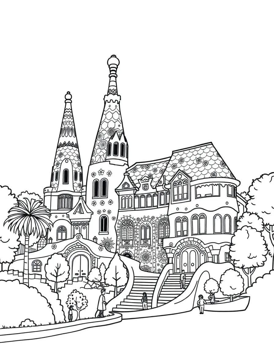Park Güell in Barcelona with colorful mosaics and whimsical architecture.