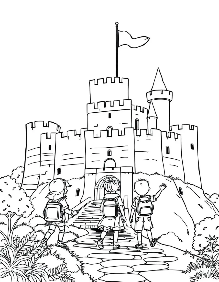 Kids exploring a medieval castle in Spain with flags flying.