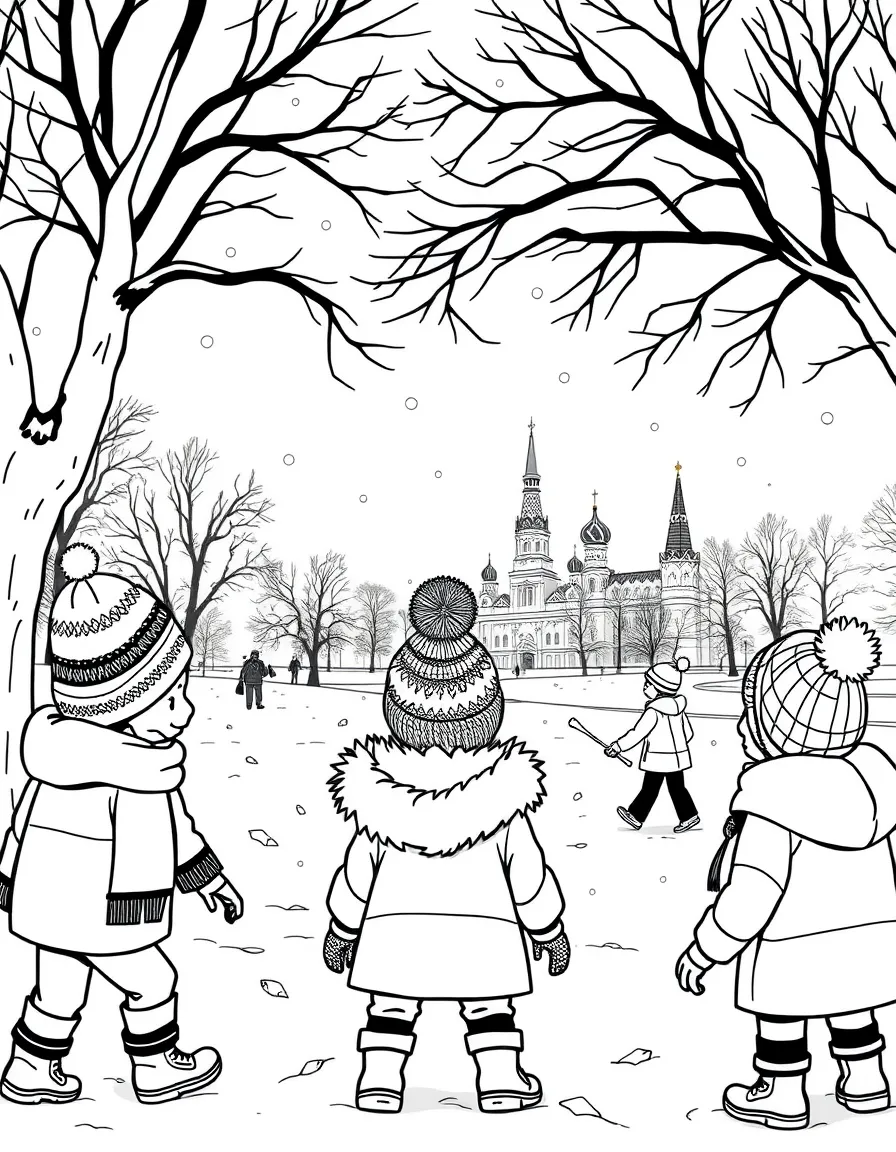 Kids playing in a snowy park in Moscow with warm hats and scarves.