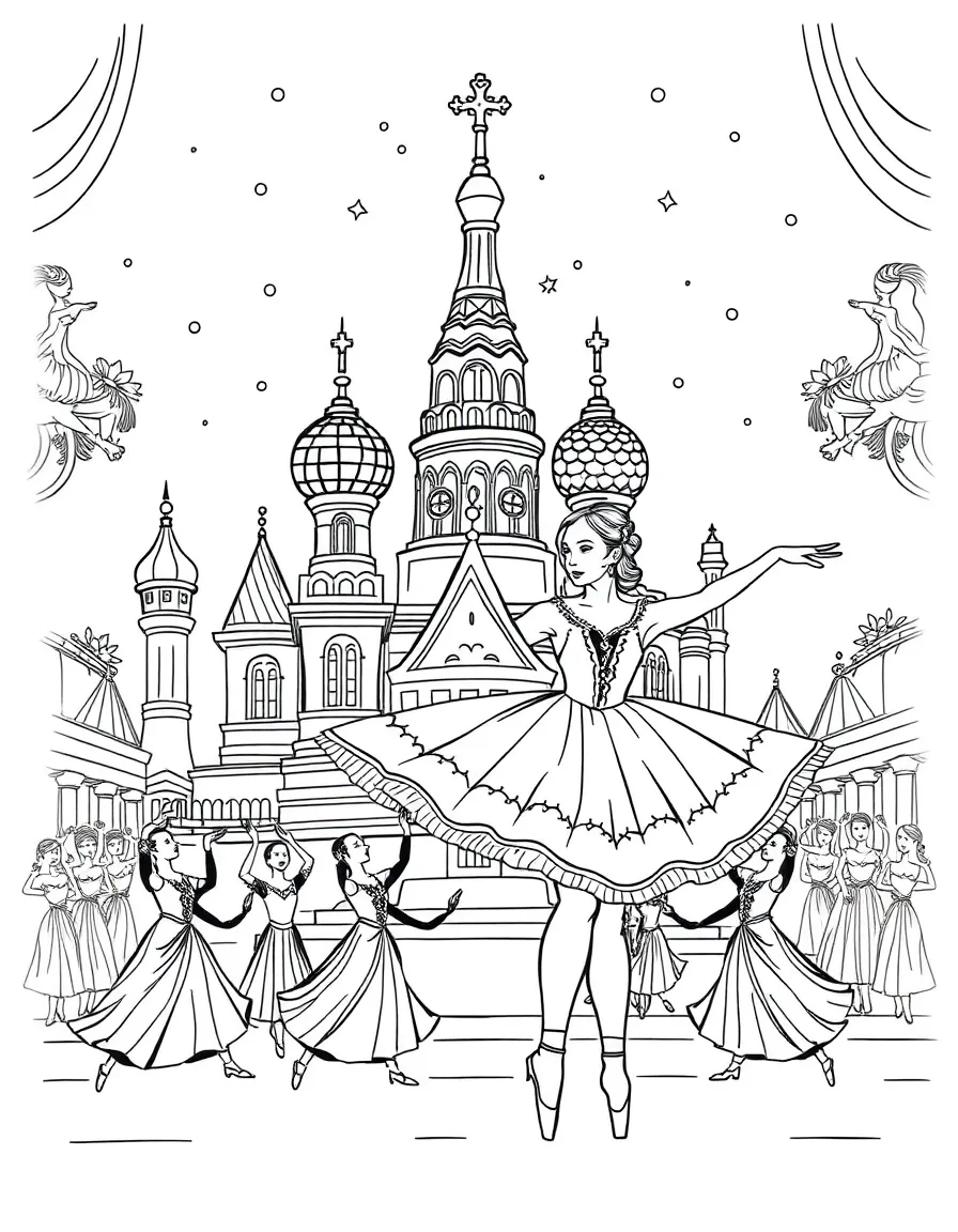 A grand ballet performance in Russia with graceful dancers.