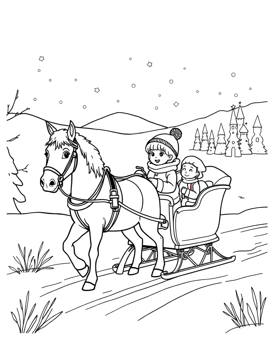 Kids riding a troika (horse-drawn sleigh) through a snowy Russian landscape.