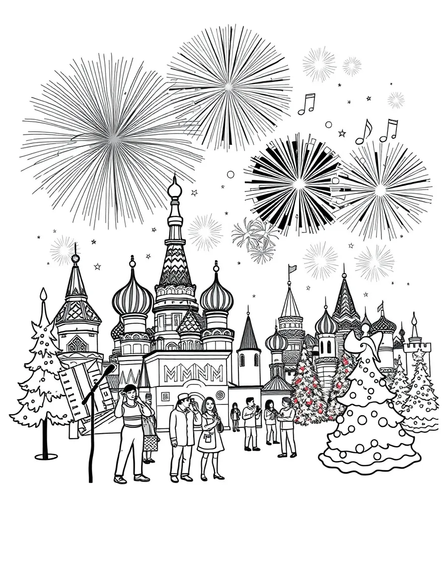 A festive New Year's Eve celebration in Russia with fireworks and music.
