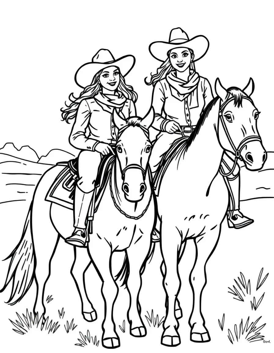 Cowboys and cowgirls (friendly ones!) riding horses in the American West.