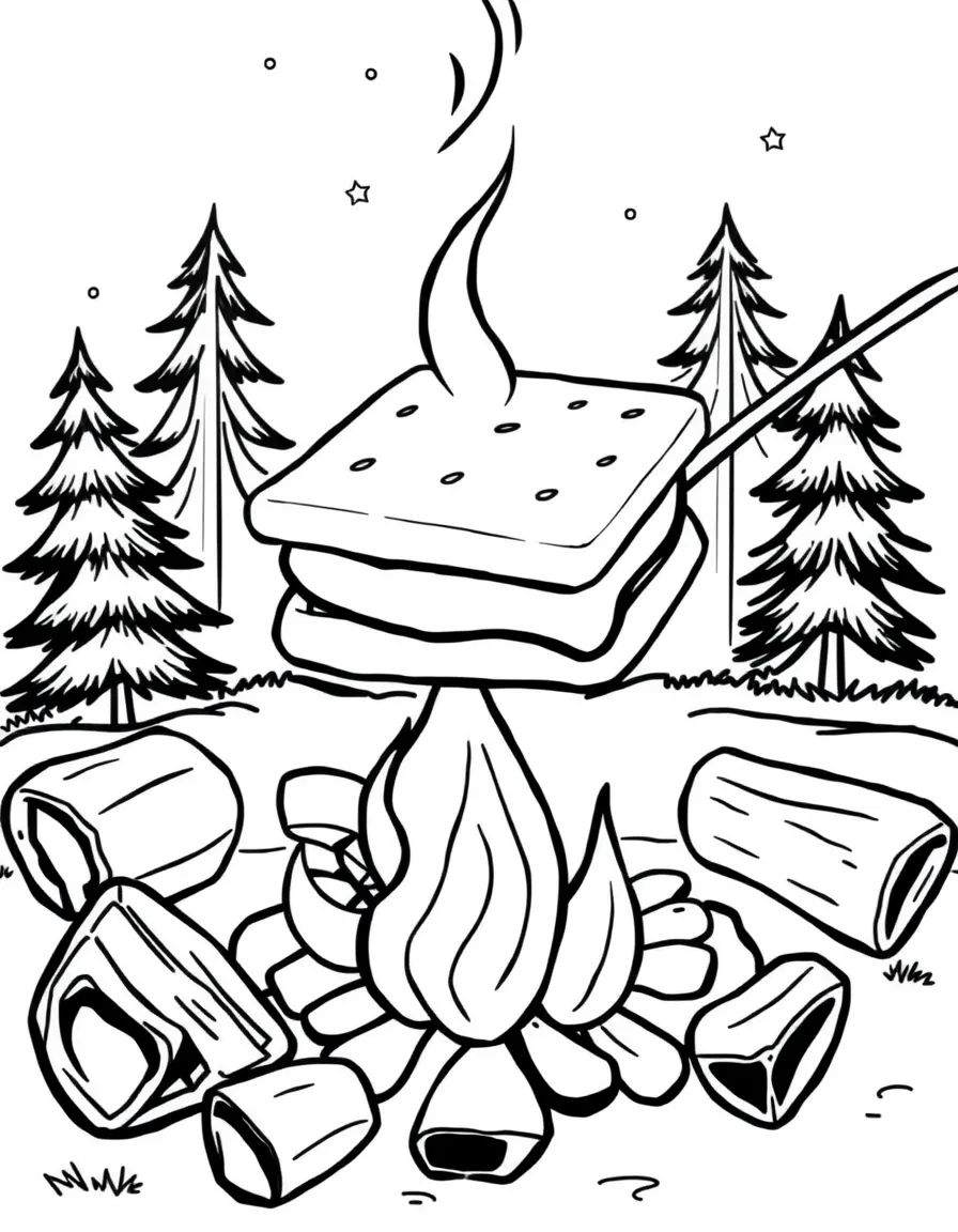 A delicious s'more being toasted over a campfire in the USA.