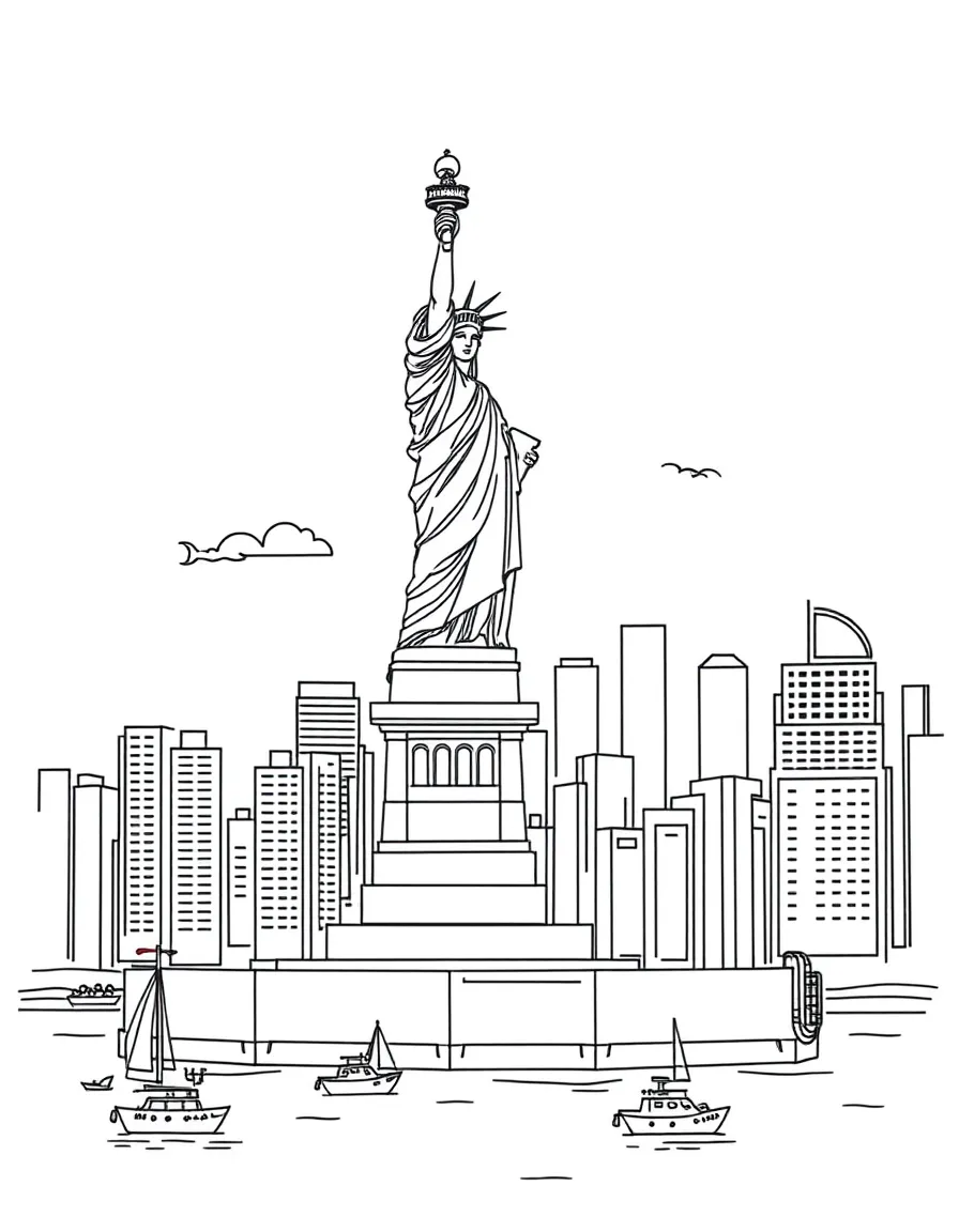 The Statue of Liberty in New York City with tiny boats in the harbor.